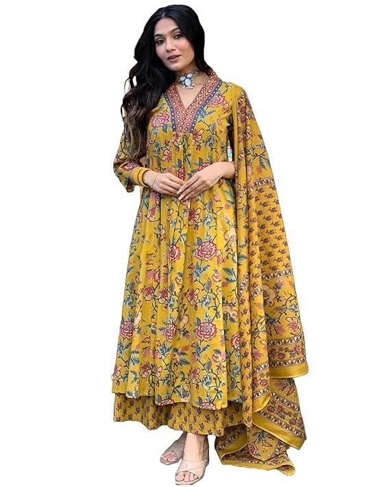 Women's Cotton Blend Anarkali Printed Kurta with Palazzo & Dupatta