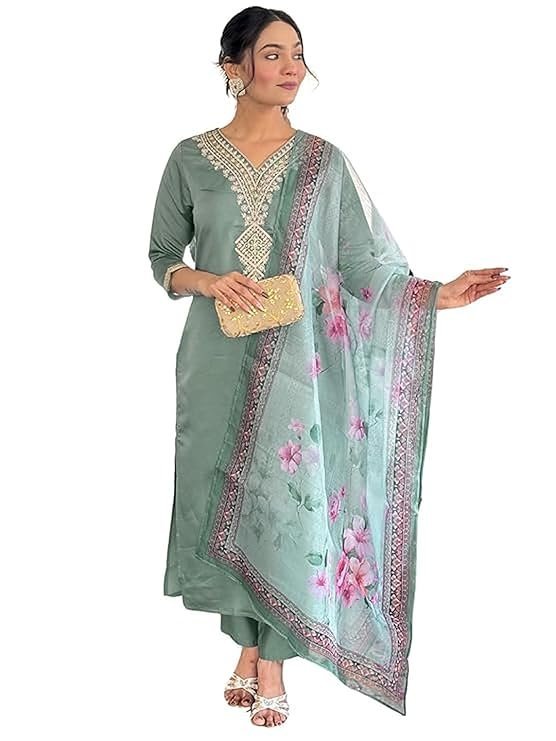 Naixa Women's Rayon Embroidered Straight Kurta with Pant and Dupatta Sets